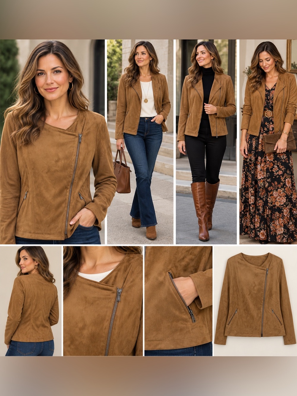 J. Jill Camel Brown Suede-Look Asymmetric Zip Jacket Women’ Medium Versatile